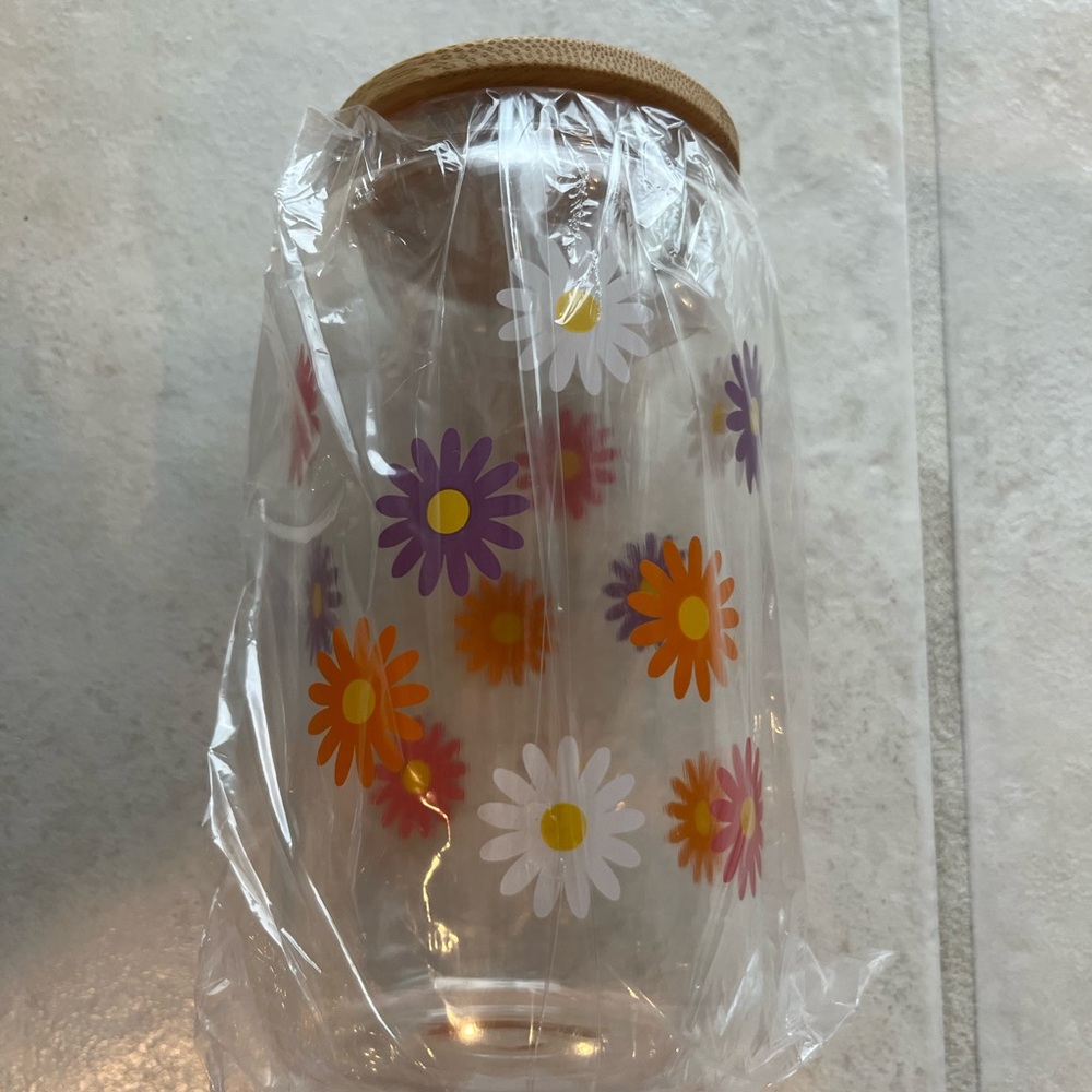 Floral Glass “can” with Wooden Lid and metal straw - new in box